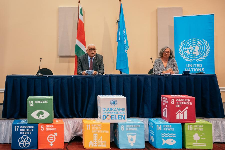 Caption: Minister Spatial Planning and Environment, Mr. Tjong-Ahin, providing remarks during National Climate Agreement © UN Suriname
